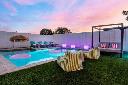 New pool (heated upon request) with plenty of seating areas to lounge in!