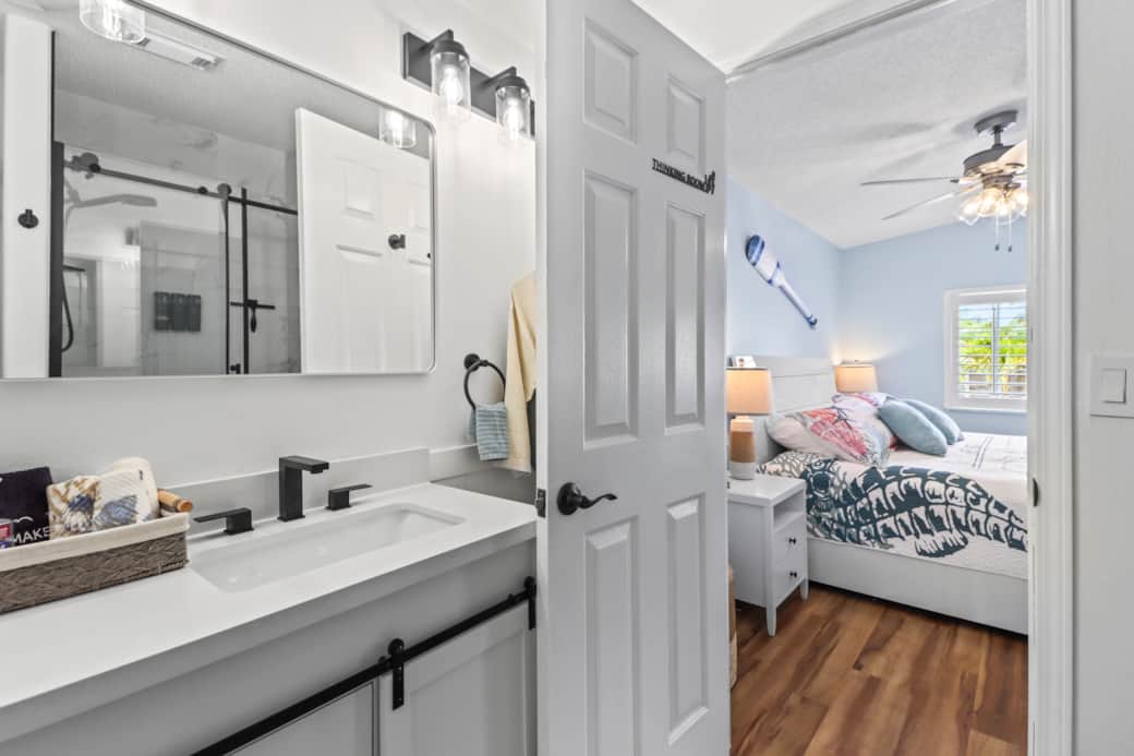 Ensuite master bathroom with a double sink vanity
