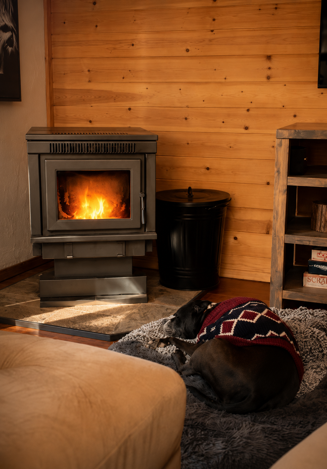 Pellet stove adding warmth to cozy Munds Park cabin
