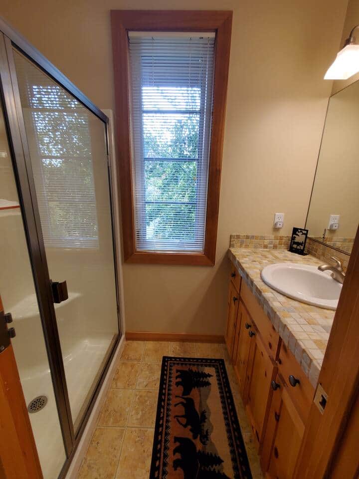 Downstairs bathroom shower and additional sink.
