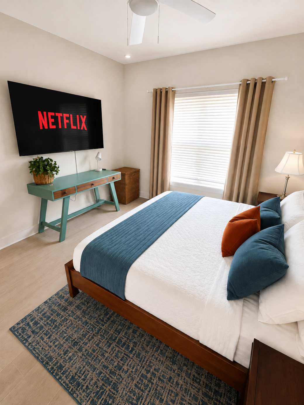 King bedroom with dedicated work space.