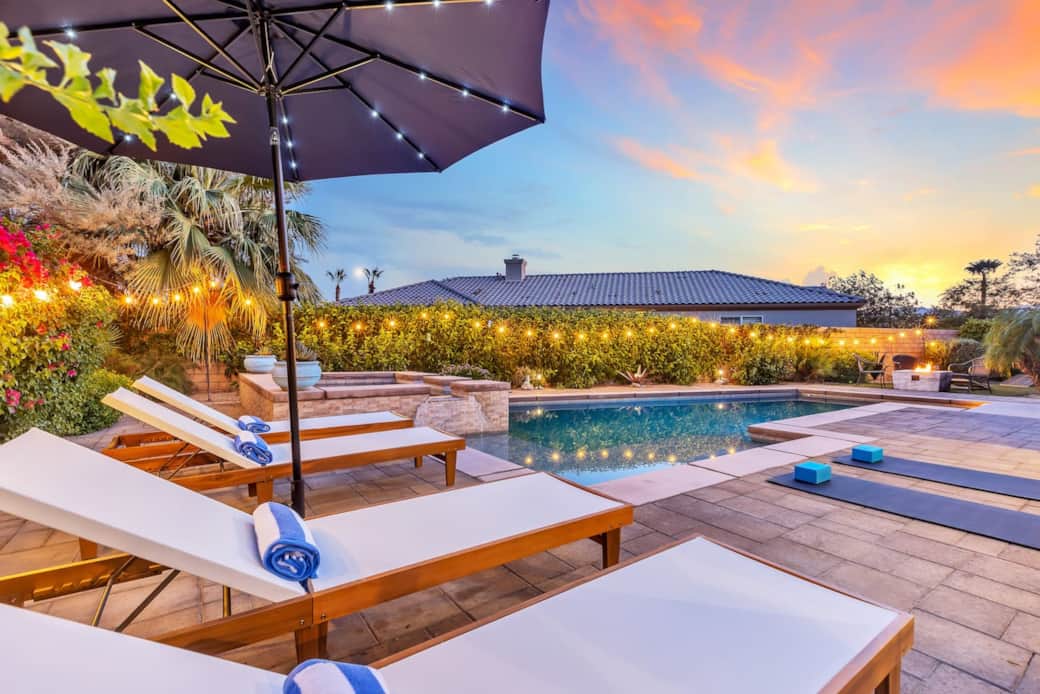 Catch the last rays of the day in this serene poolside corner.