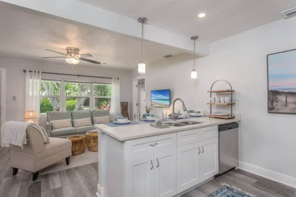 Full size kitchen that includes a folded dining table that seats 6 should you prefer eating inside.