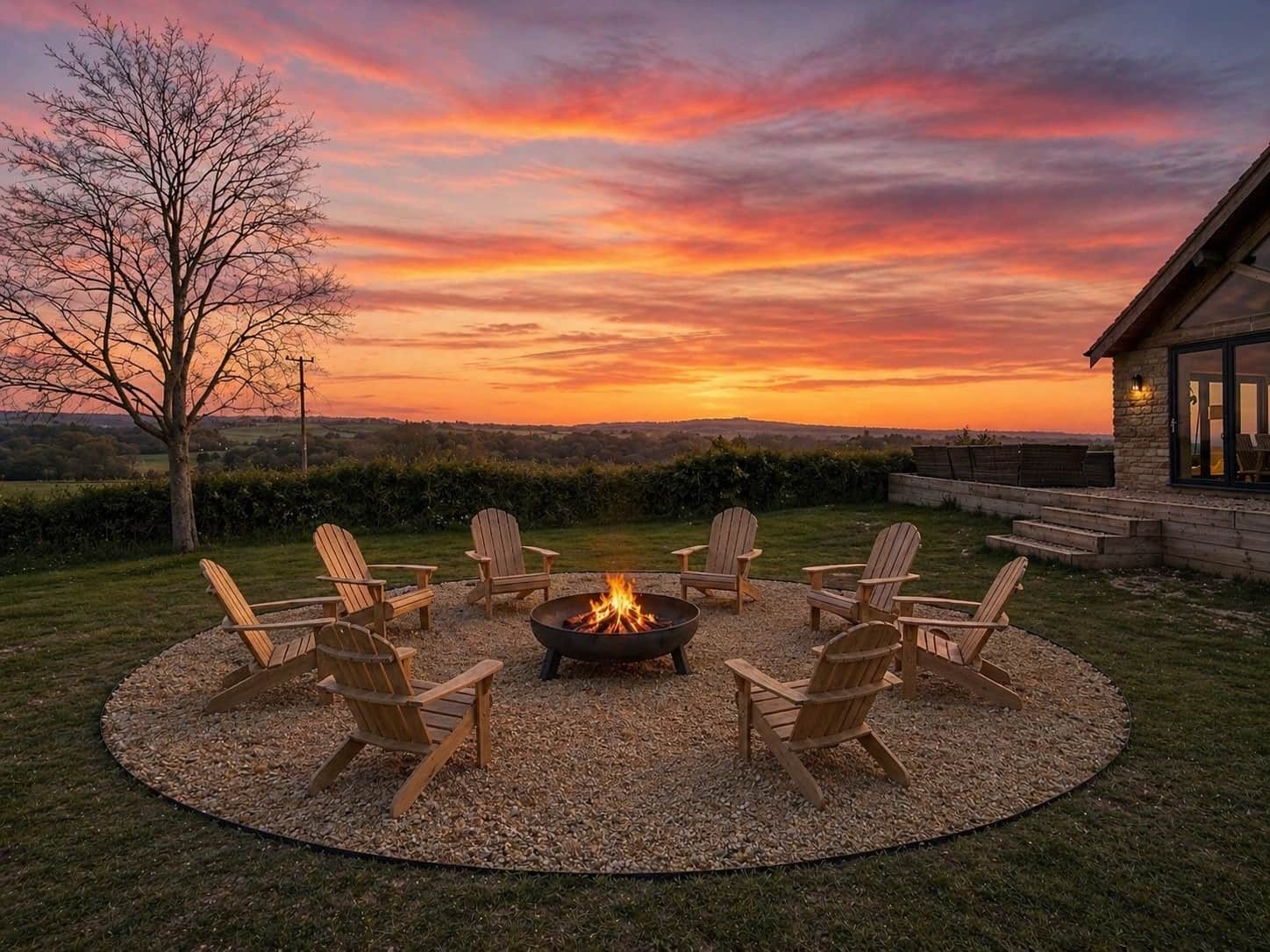 Firepit and outdoor seating at The Cotswold Barn in the early evening