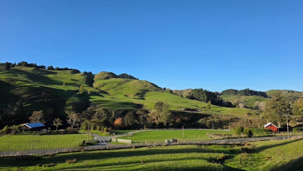 Aerial view of Ripples Retreat Piopio – two riverside cabins set in the Waitomo valley