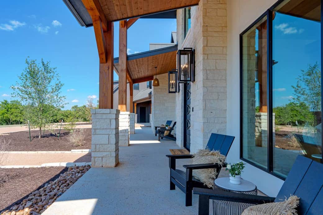 Front porch of the Calivence Haus with gorgeous views of rolling hills in Texas Hill Country 