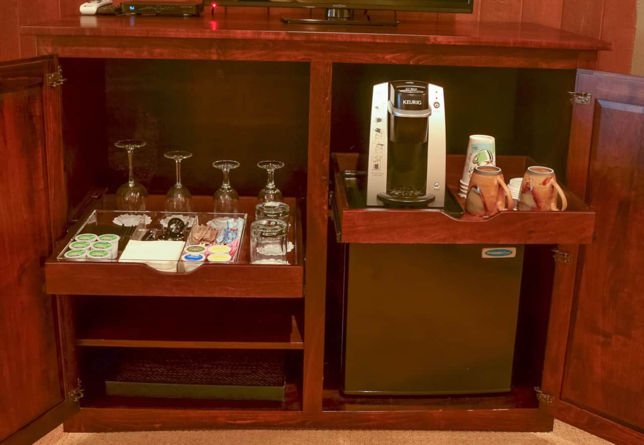 Mini-Refrigerator, Keurig, K-cups, Tea, and Sweeteners