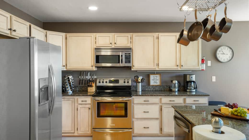 Spacious & fully stocked kitchen.