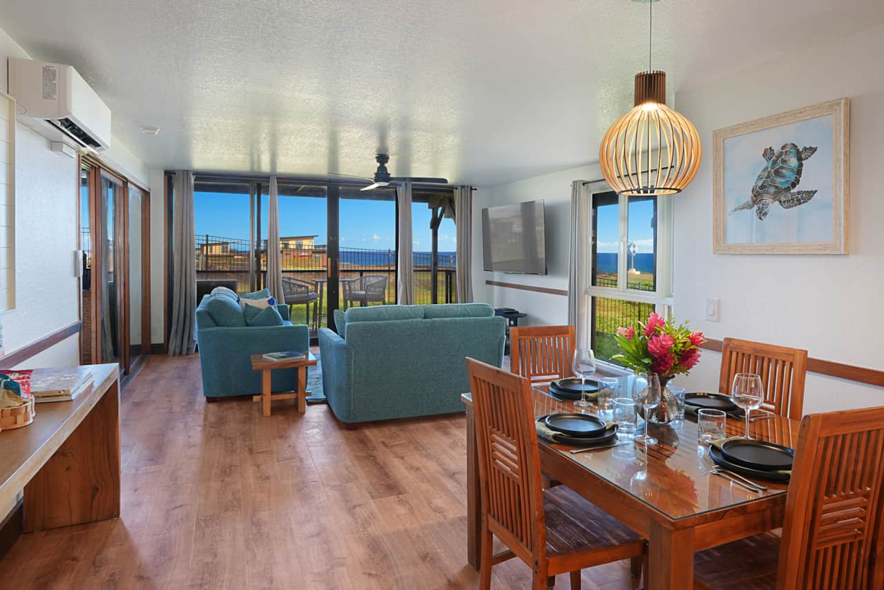 Open dining and living area with ocean views and plenty of space to gather together.