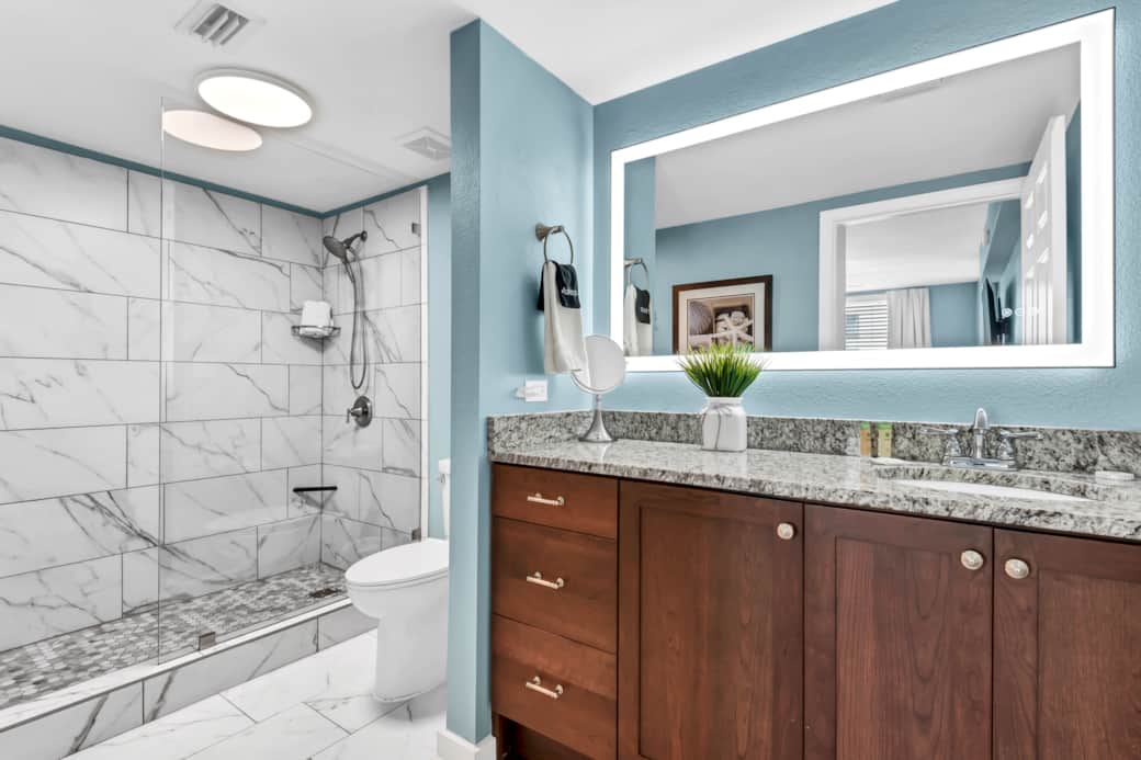 Remodeled Master Bath with a walk-in shower, back-lit & heated mirror Remodeled Master Bath with a walk-in shower, back-lit & heated mirror