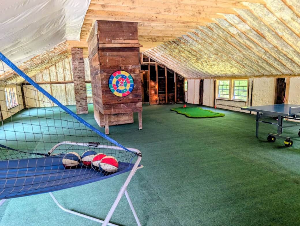 3rd floor of the barn, 1500 sq ft. It's a work in progress with more games to come. 