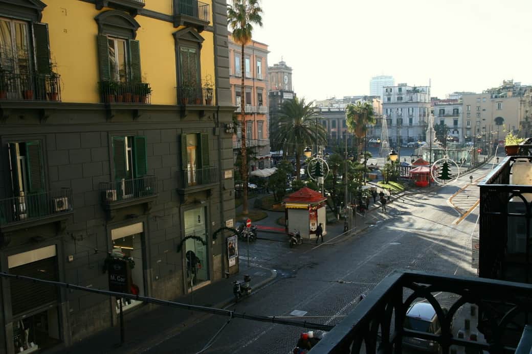 View of Piazza Dante from the balcony of the main bedroom. At the moment (15 Jan 2022) works on the building facade are in progress