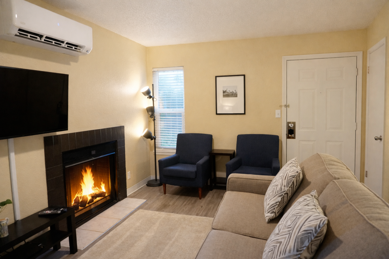 Snuggle up by the real fireplace! Just bring your own firewood and you’re all set.