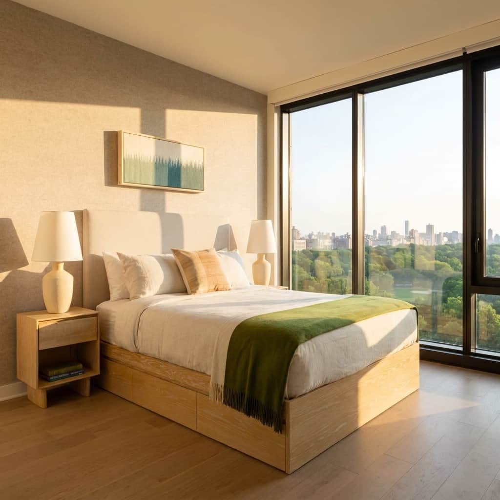 Modern furnished bedroom with natural light.