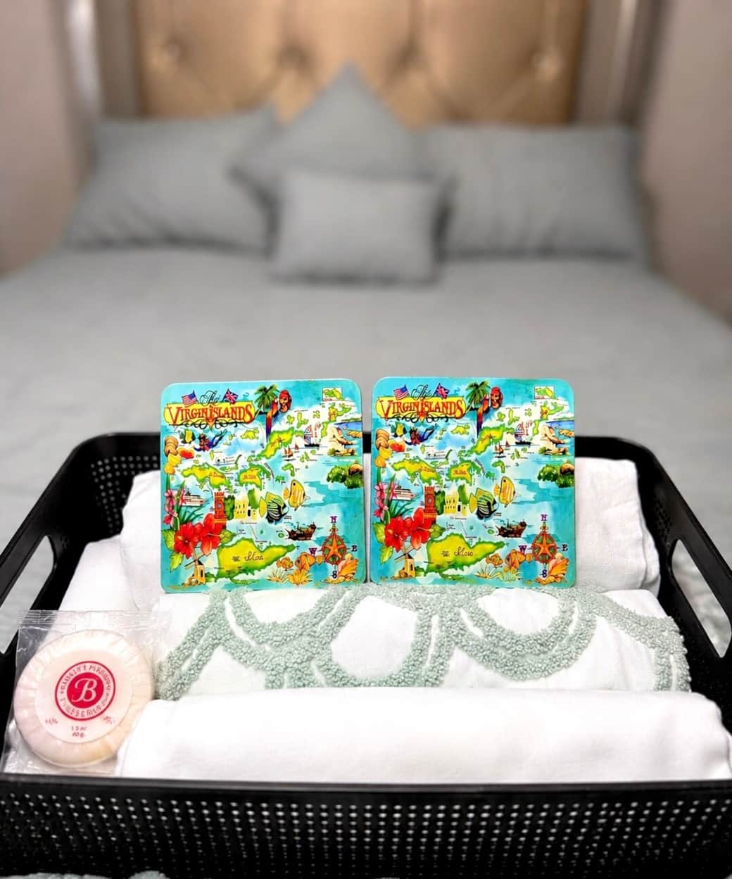 Enjoy your uniquely travel inspired hospitality basket filled with room essentials for your stay. 