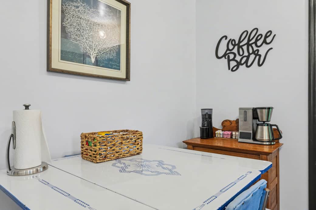 Kitchen coffee bar with fresh ground coffee, cream and sugar options