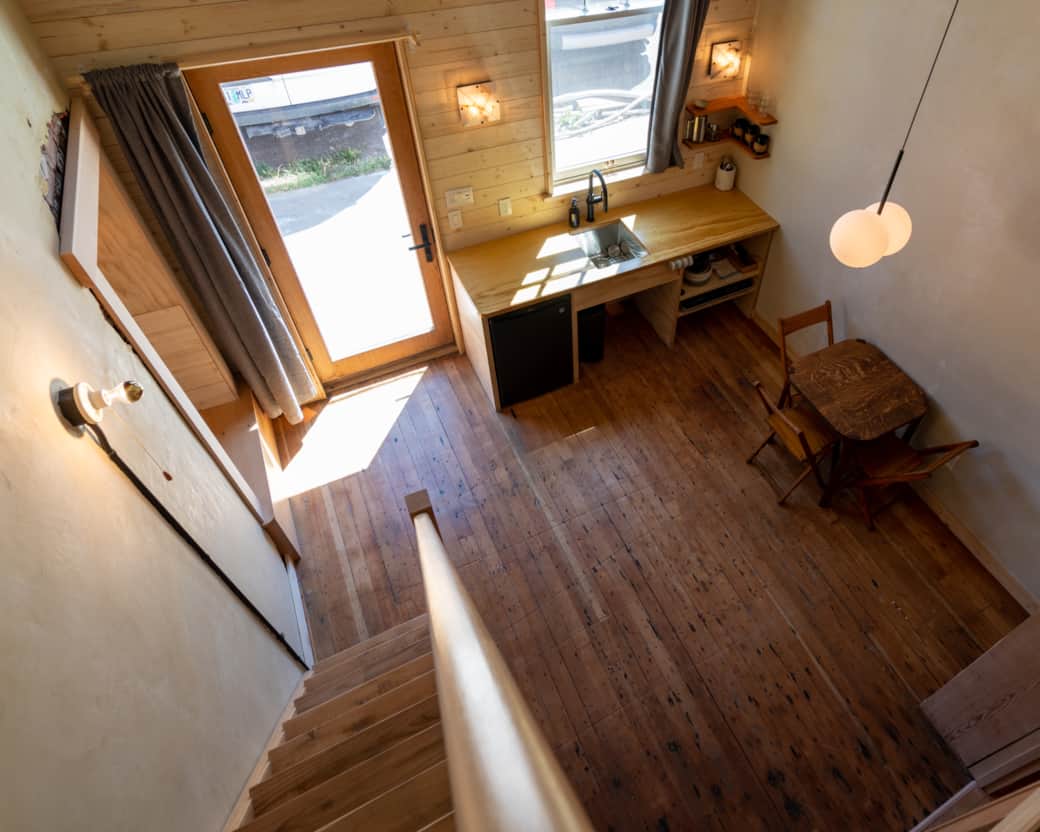 Birdseye view of the kitchenette and dining space