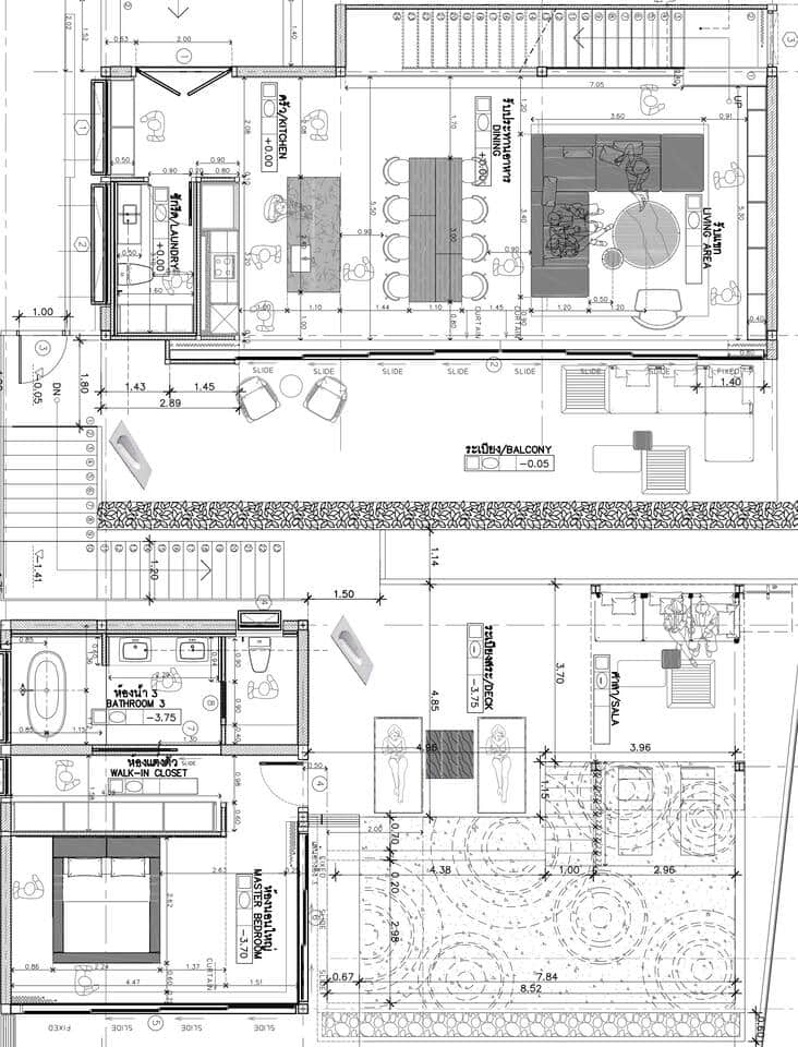 Level 1 : Entrance, Laundry, Kitchen, Dining, Living room, Terrasse Seaview

Lower level : Pool deck, Master Bedroom, Seaview