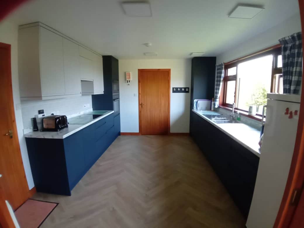 Newly fitted Kitchen with dishwasher, oven, microwave, hob and large fridge. 