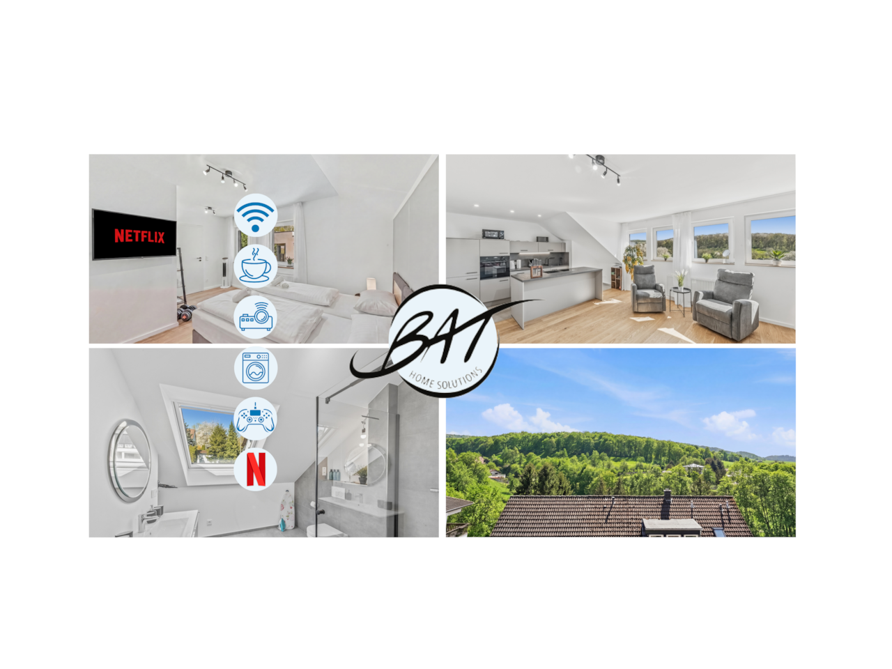 Helle Dachgeschosswohnung: Schlafzimmer, offener Wohn-/Küchenbereich, graues Bad, Blick ins Grüne.