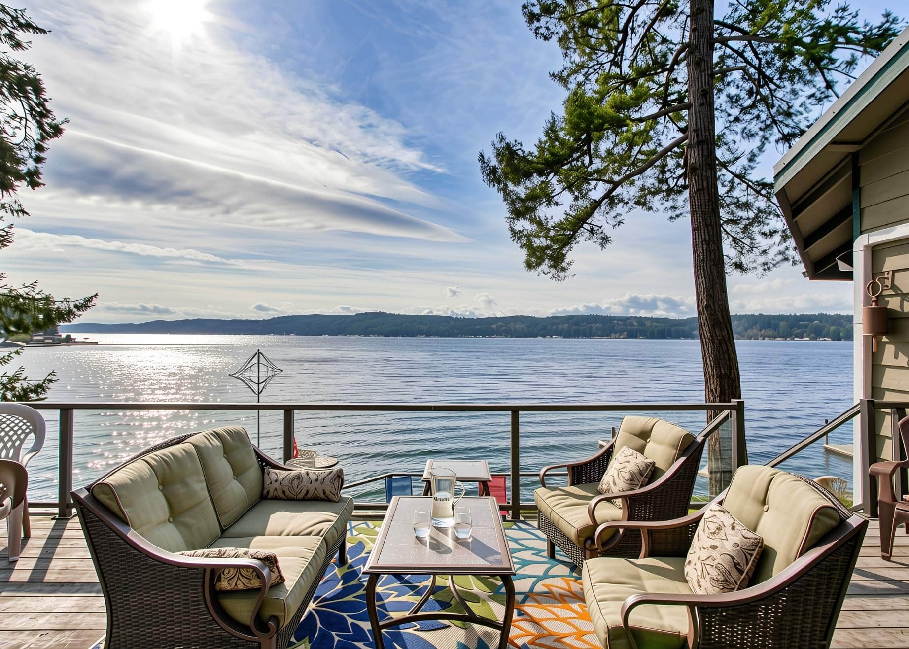 Comfortable gray lounge seating with water in the background