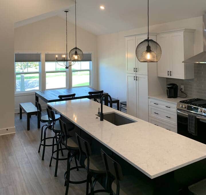 Kitchen, island, and dining room. Kitchen, island, and dining room.