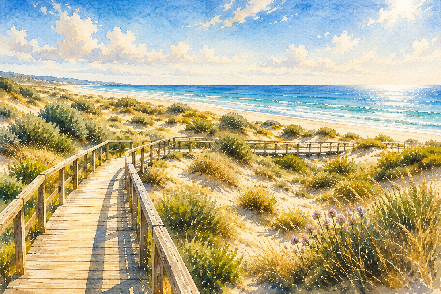 Watercolour of the dunes and wooden walkways of Els Muntanyans in Torredembarra