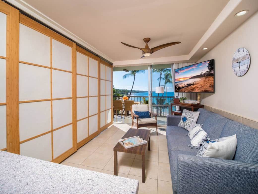 The living room shares a space with one of the King suites, with rolling shoji doors to separate them. 