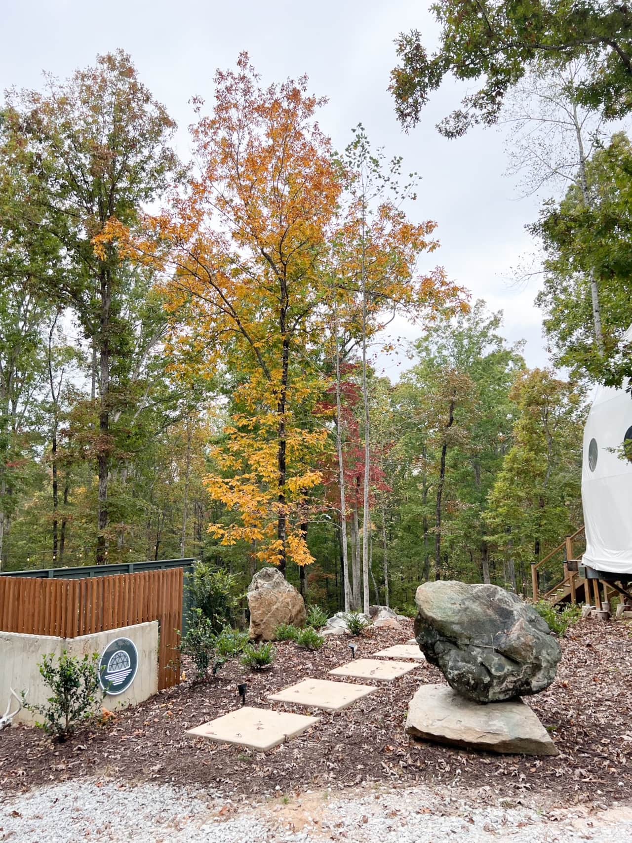 Geodesic glamping dome surrounded by colorful fall and winter woods in Alabama