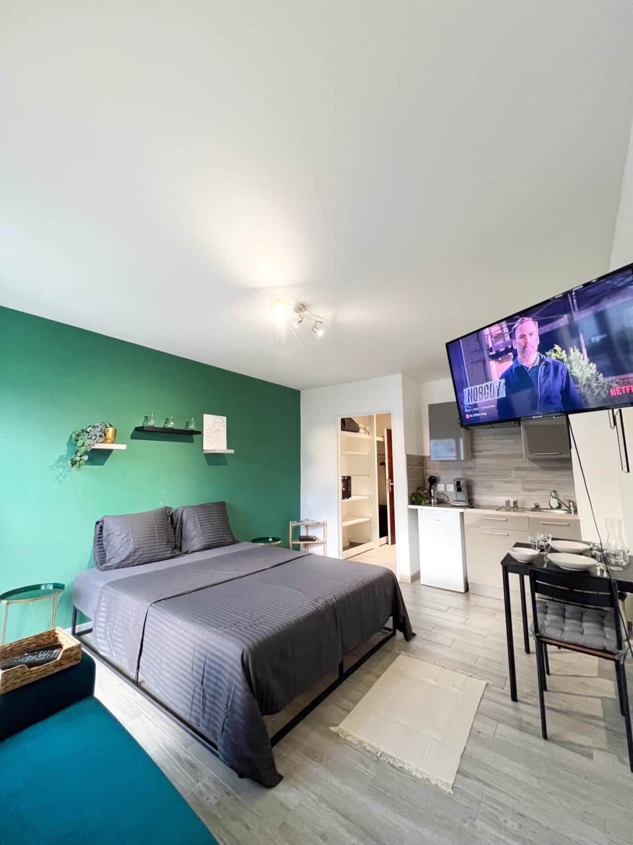 Studio with a large bed and comfortable sofa and fully equipped kitchen