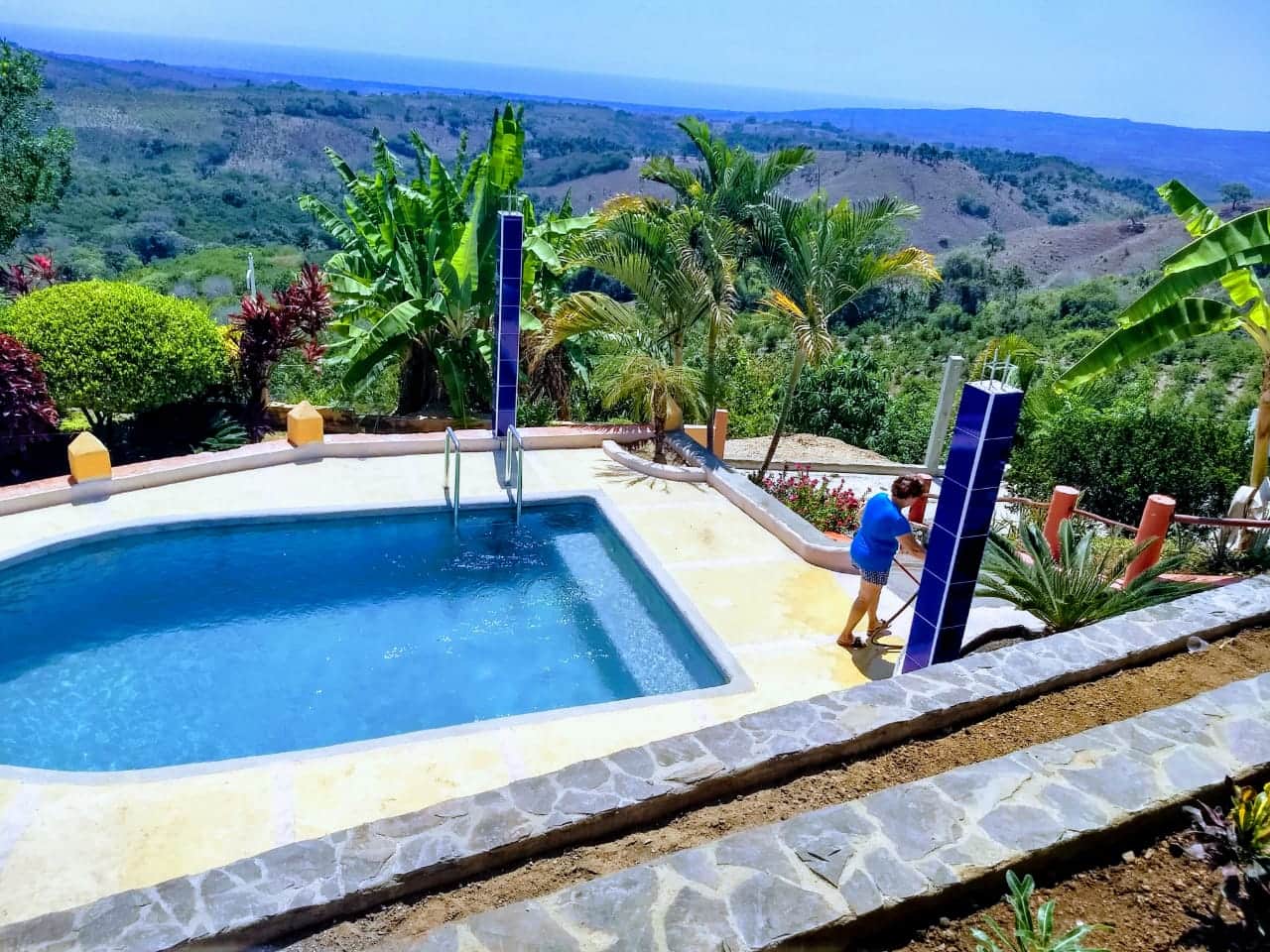 The pool at Cerrito Encantado being built, with the valley and ocean in the distance