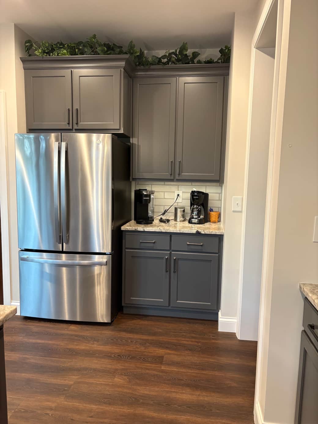 Refrigerator #1, k-duo plus pod and carafe and 12 cup coffee makers 