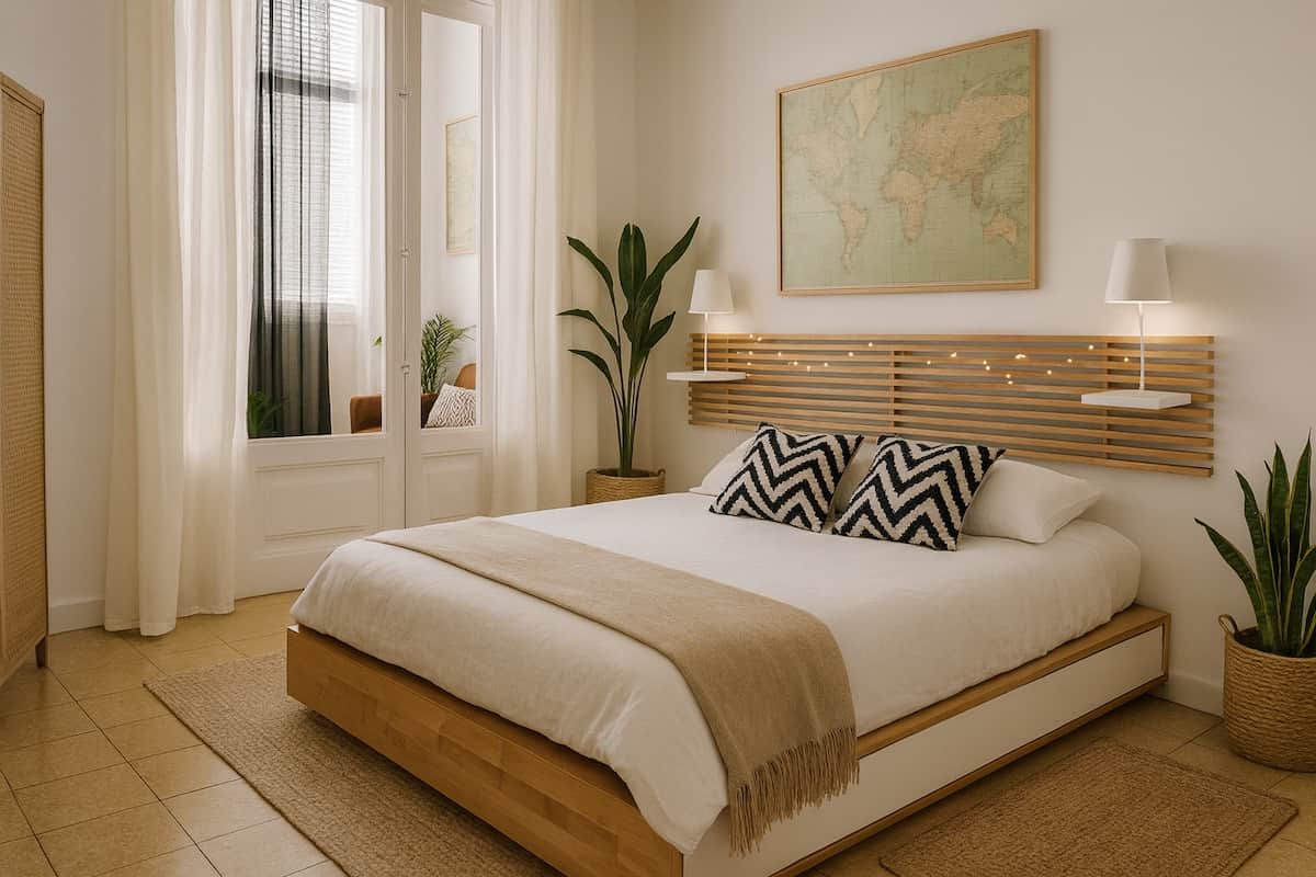 Dormitorio luminoso y sereno con cama de madera y ropa blanca. Destaca su cabecero de listones con luces cálidas y guirnaldas. Un refugio acogedor con plantas y luz natural, diseñado para tu descanso más absoluto.