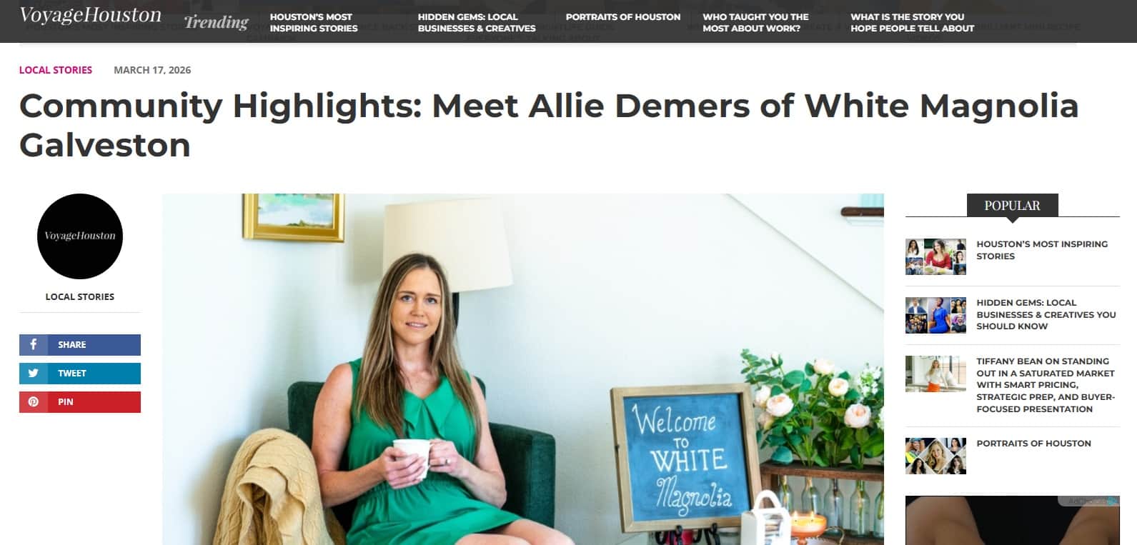 Allie Demers featured in VoyageHouston for White Magnolia Galveston