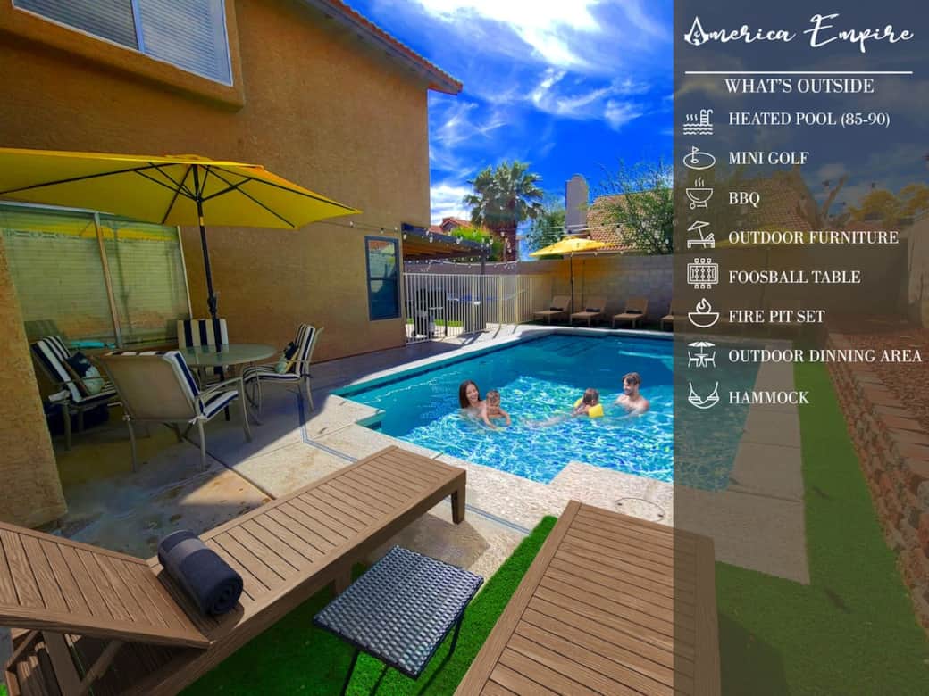 Amazing Pool with lounge seats and umbrellas perfect to enjoy the sun of Vegas