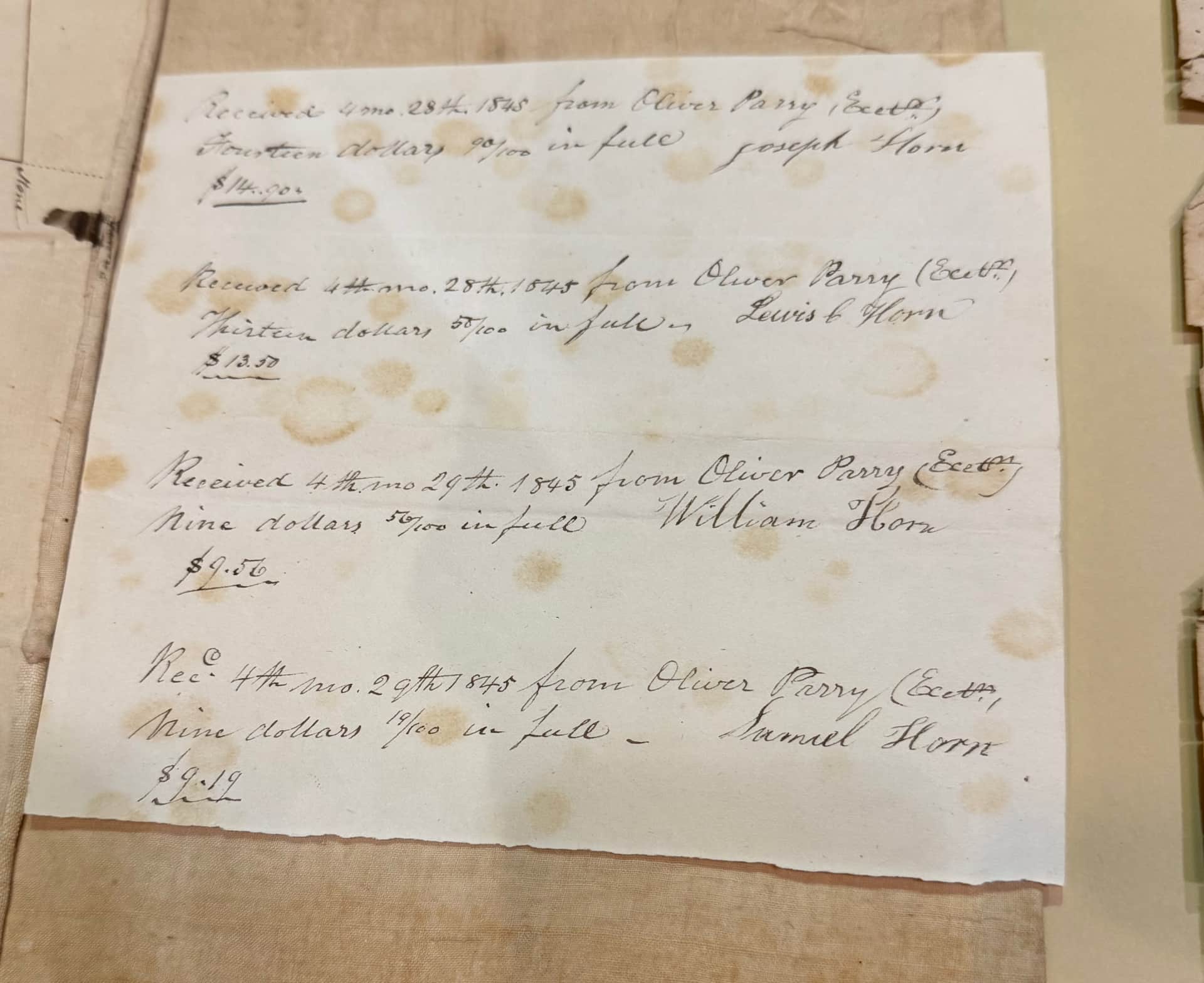 Record of Payments to the Horn Family - Mercer Museum Research Library - dated 1845
