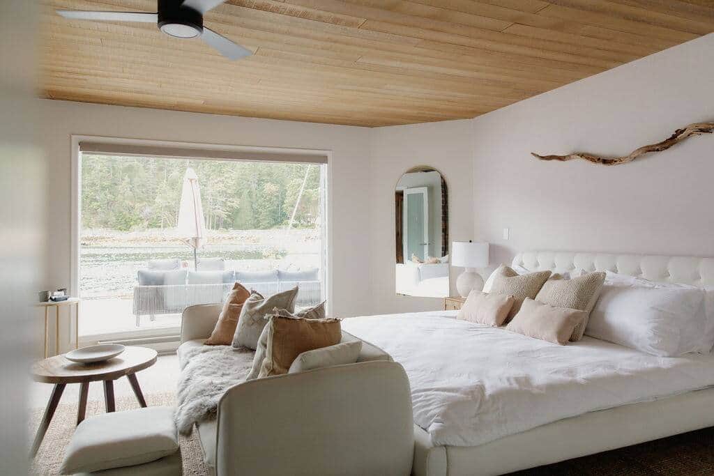 King size bedroom on main floor with view to deck