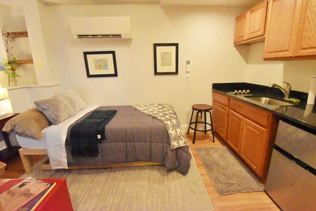 bed and kitchen