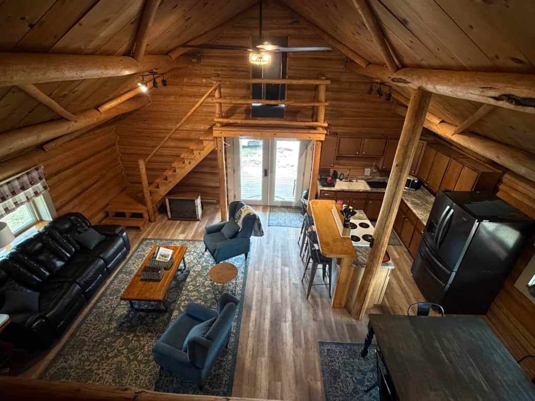 view of living room and kitchen from balcony