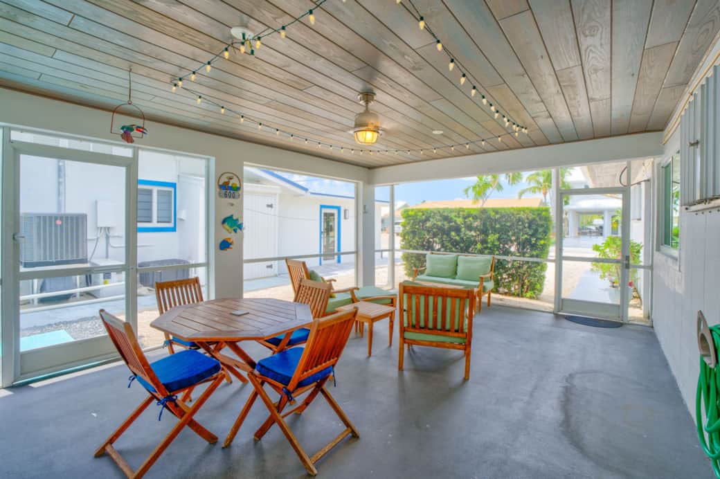 Covered outdoor dining and seating area