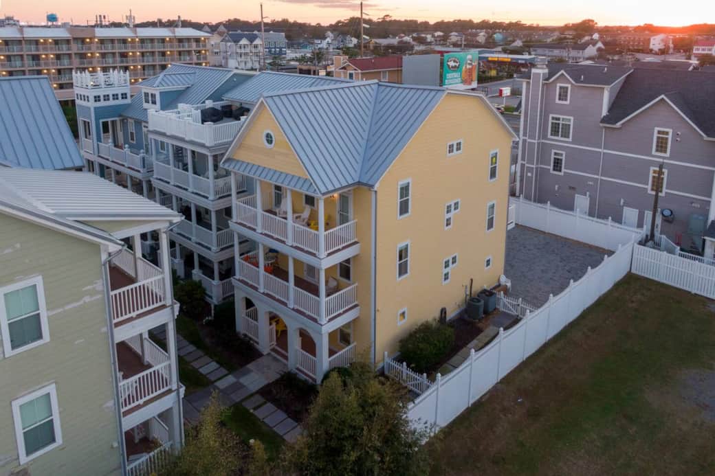 Drone shot of our beautiful yellow house!