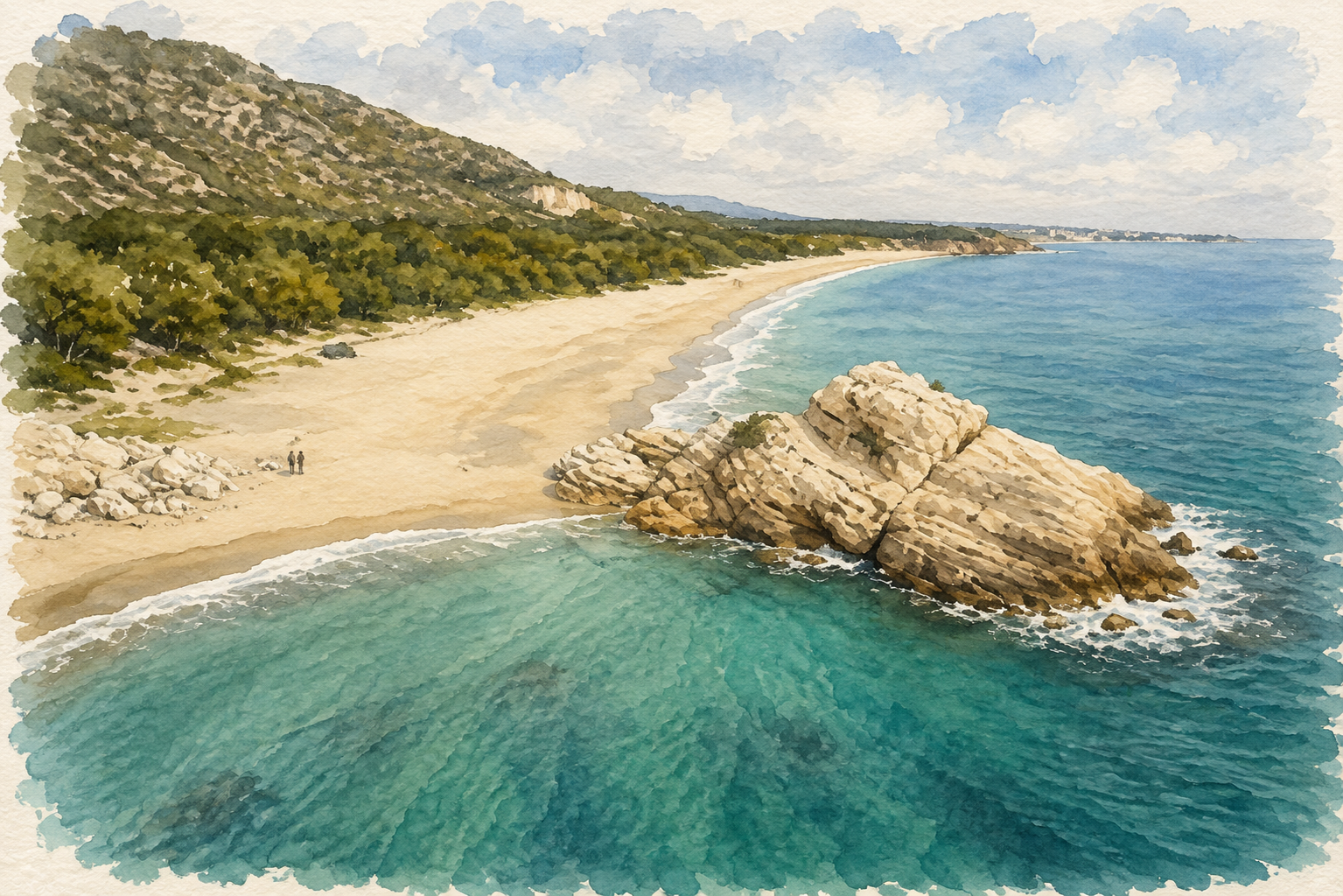 Watercolour of Platja del Torn on the southern Tarragona coast
