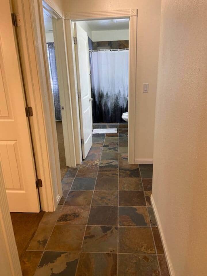 Two Bedroom entrances on the left and bathroom straight ahead. The entire dwelling is all on one level with no steps.