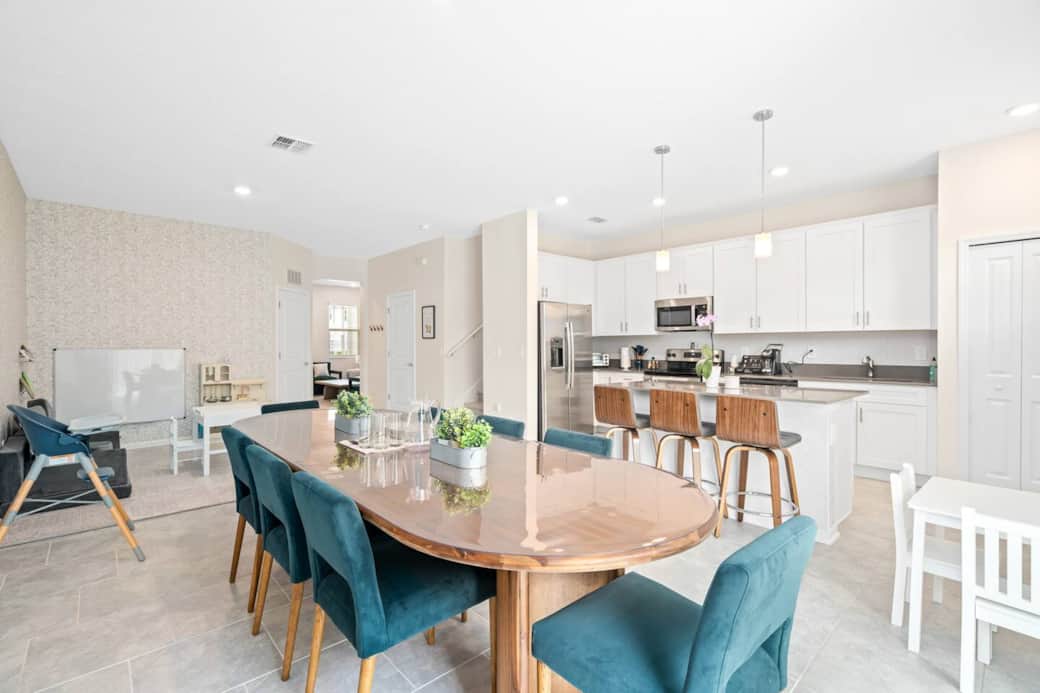 -Seats 8 adults for family meals

-Kids’ table and high chair for little kids

-Custom table cover protects the table and makes cleanup easy

-Chair covers in pantry to keep dining chairs safe when kids join at the main table