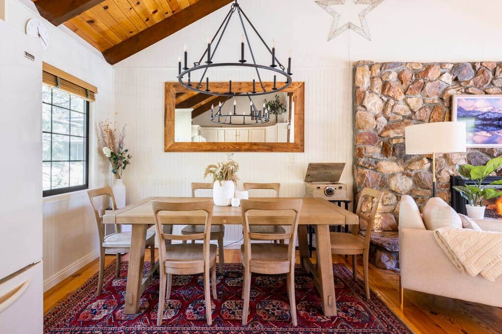 Dining area that seats six, and can seat up to 8 with extenders. 