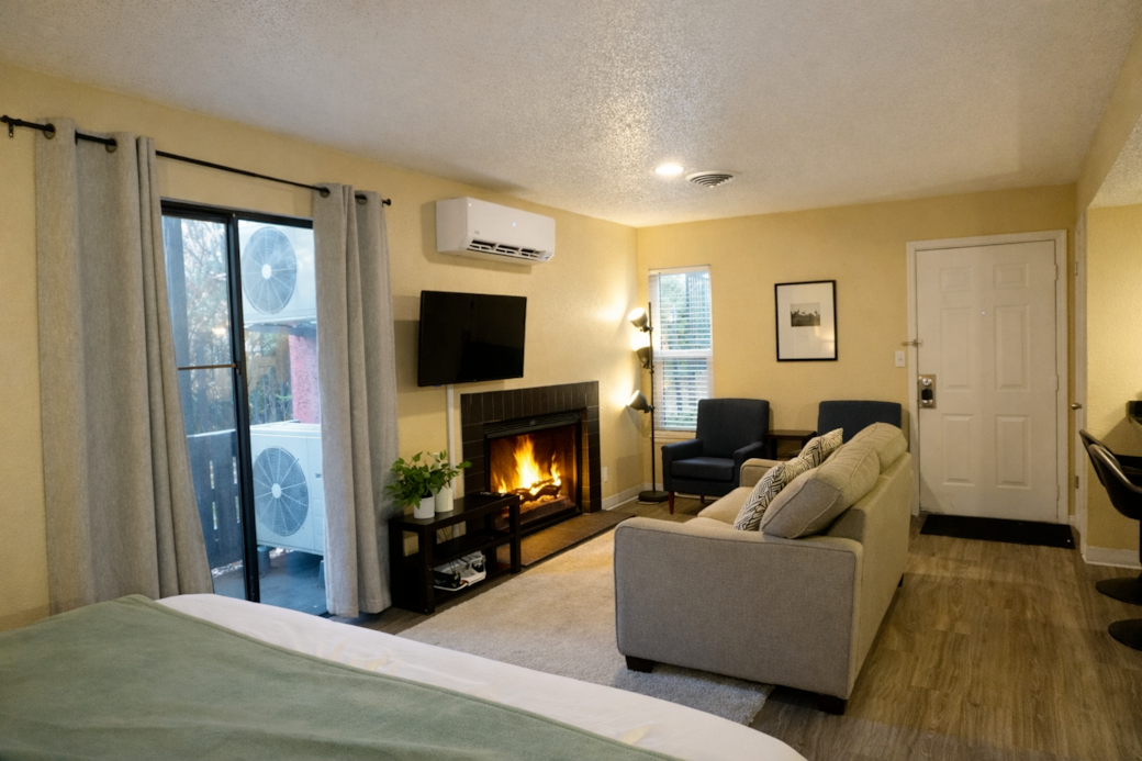 Comfortable living area featuring a Smart TV for effortless streaming and entertainment