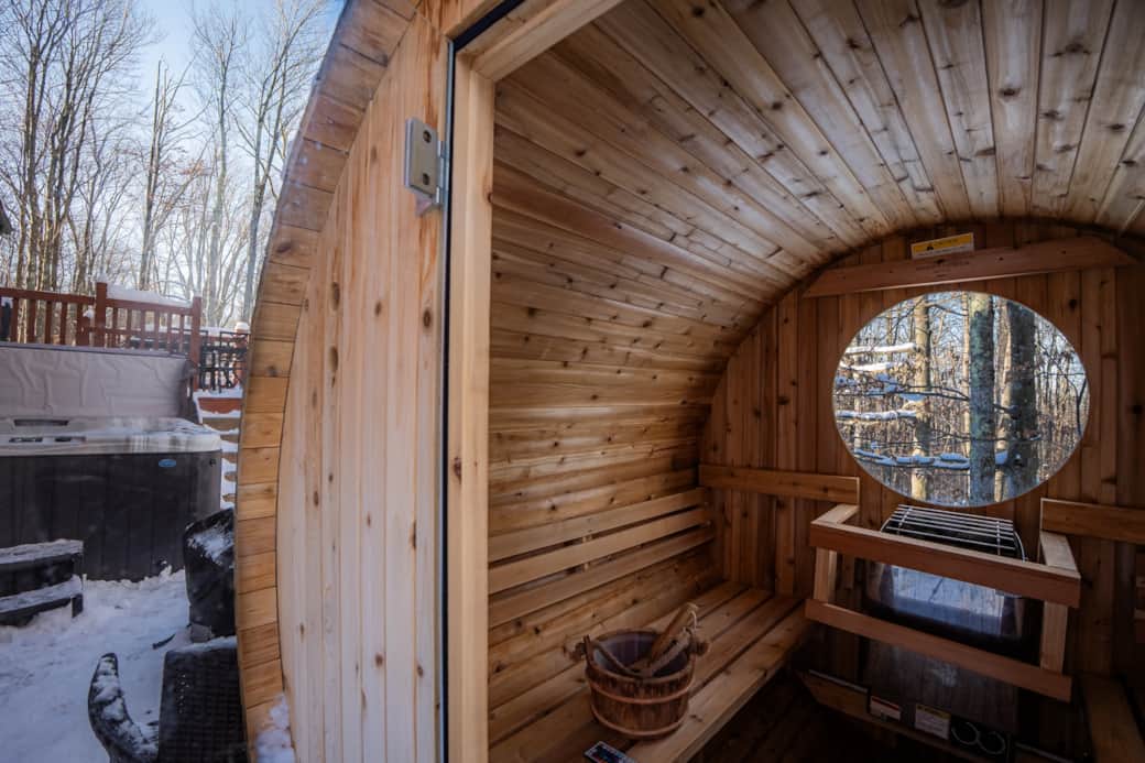 Almost Heaven barrel sauna on the deck seats up to 4