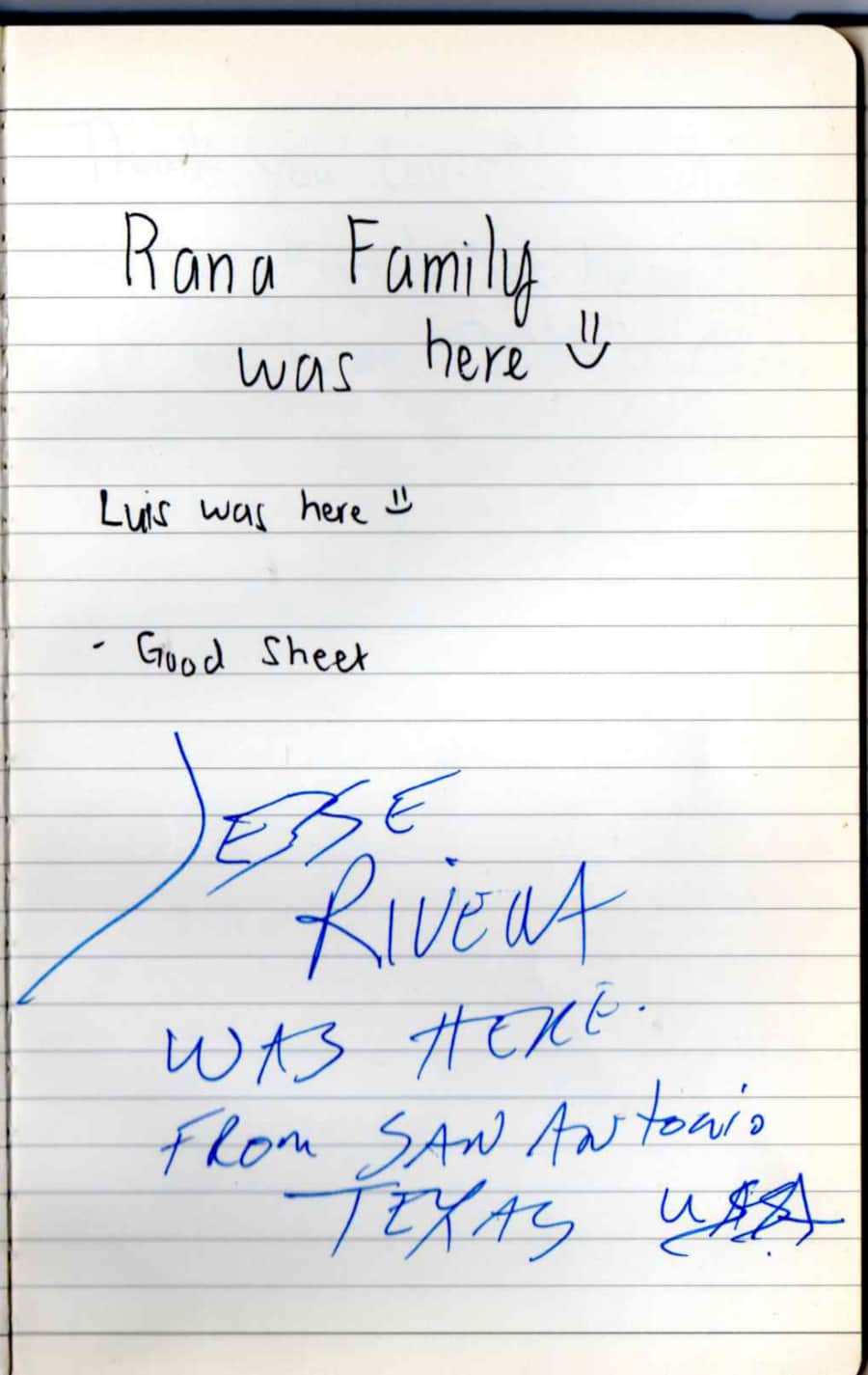 Handwritten guest note from Raya P09 guest book