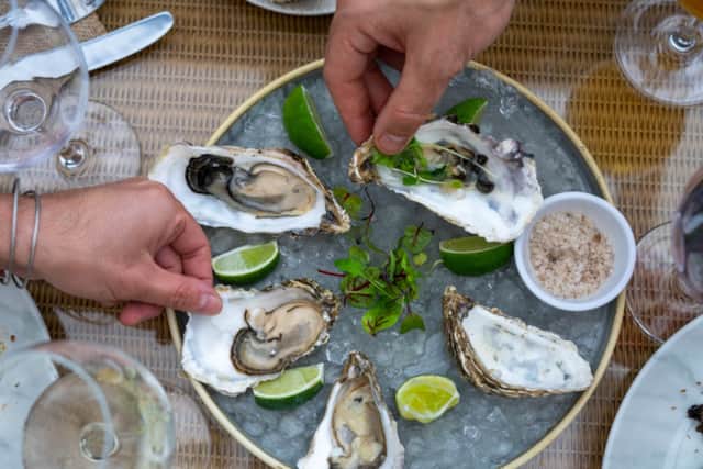 Oysters served on ice with lime at the Western Isles Hotel in Tobermory
