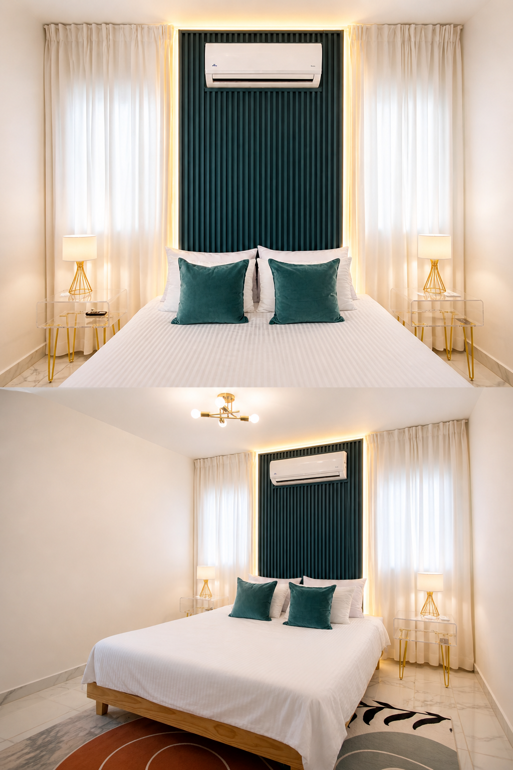 Modern queen bedroom with AC, White curtains, and elegant teal accent wall.